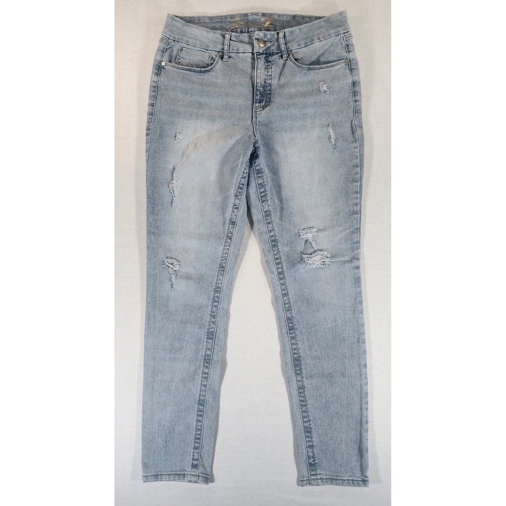 Seven7 Jeans Women 12 Tummyless High‎ Rise Skinny Light Wash Distressed Denim
